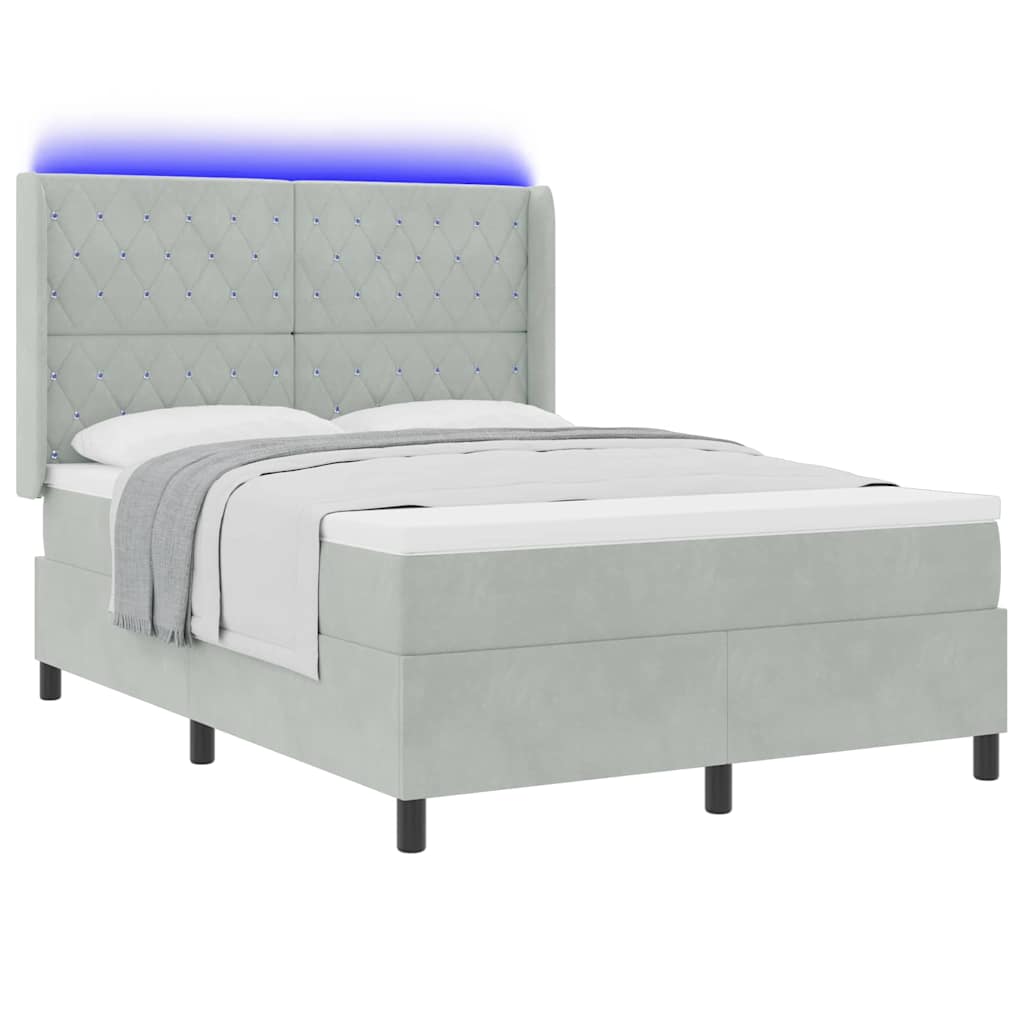 vidaXL Łóżko sprężynowe z paskami LED Jasnoszary 140 x 190 cm Aksamit