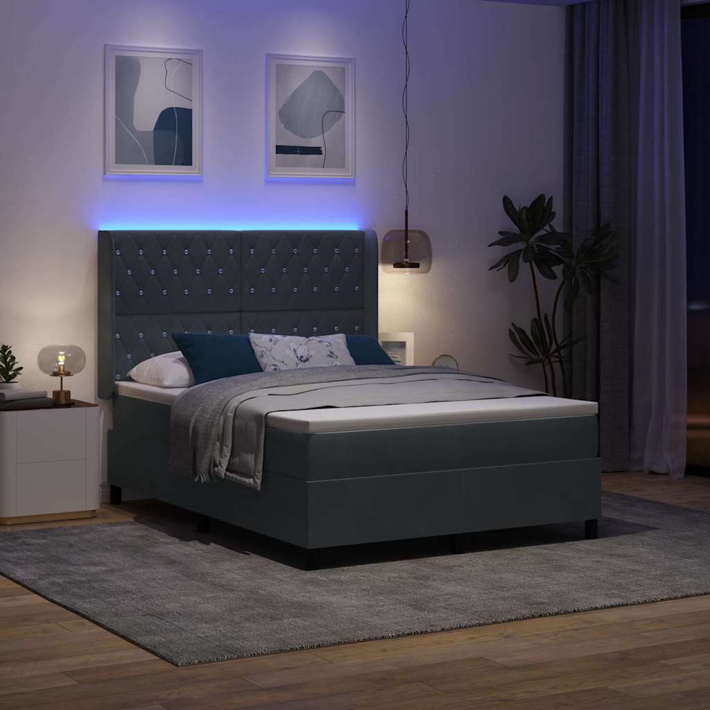 vidaXL Łóżko sprężynowe z paskami LED Ciemnoszary 140 x 190 cm Aksamit
