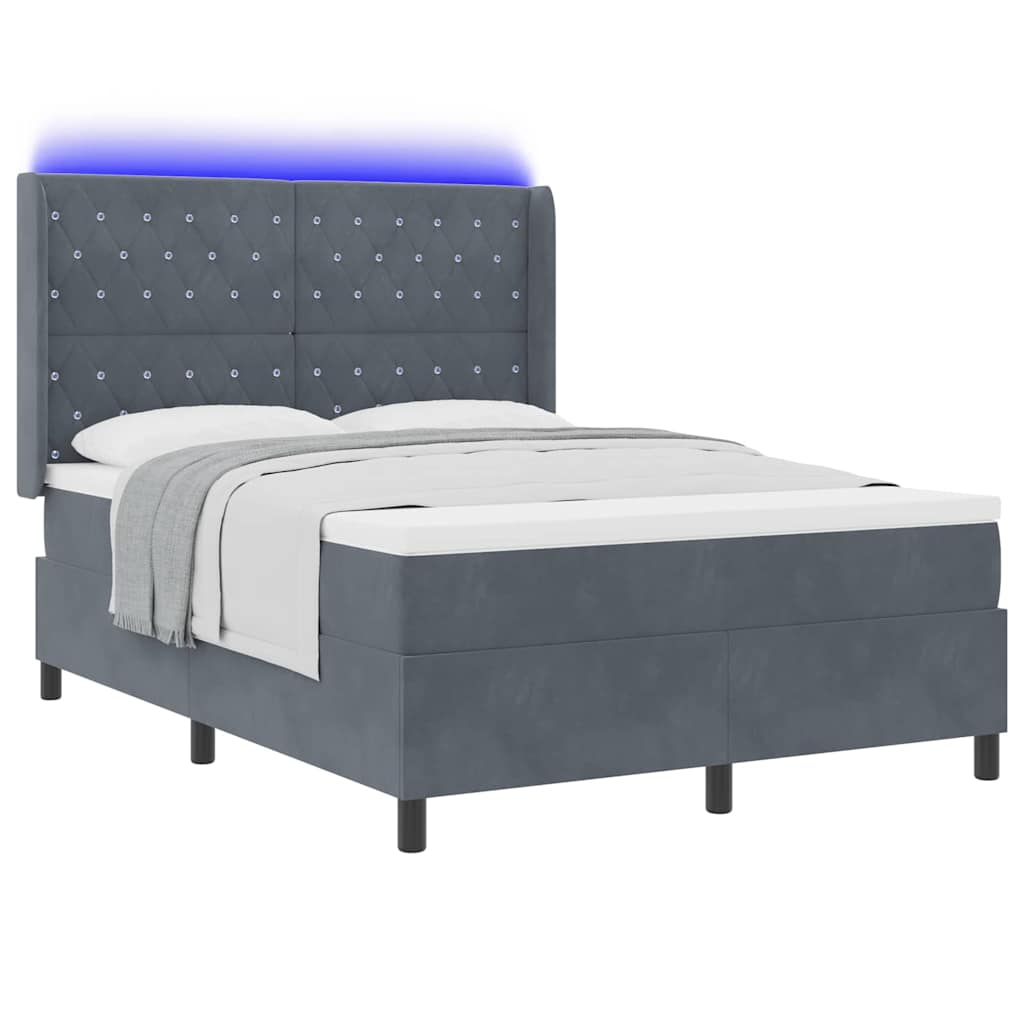 vidaXL Łóżko sprężynowe z paskami LED Ciemnoszary 140 x 190 cm Aksamit