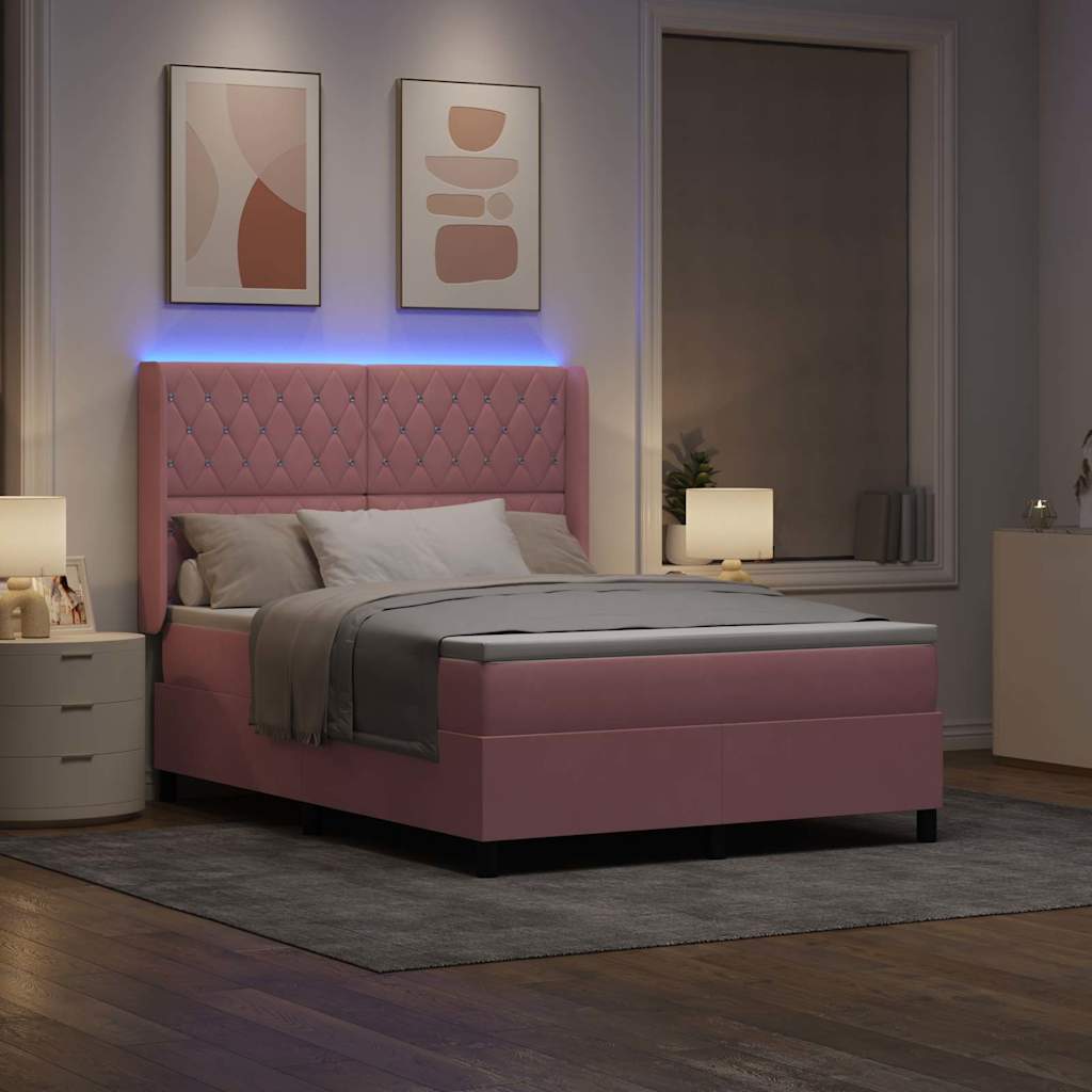 vidaXL Łóżko sprężynowe z paskami LED Różowy 140 x 190 cm Aksamit