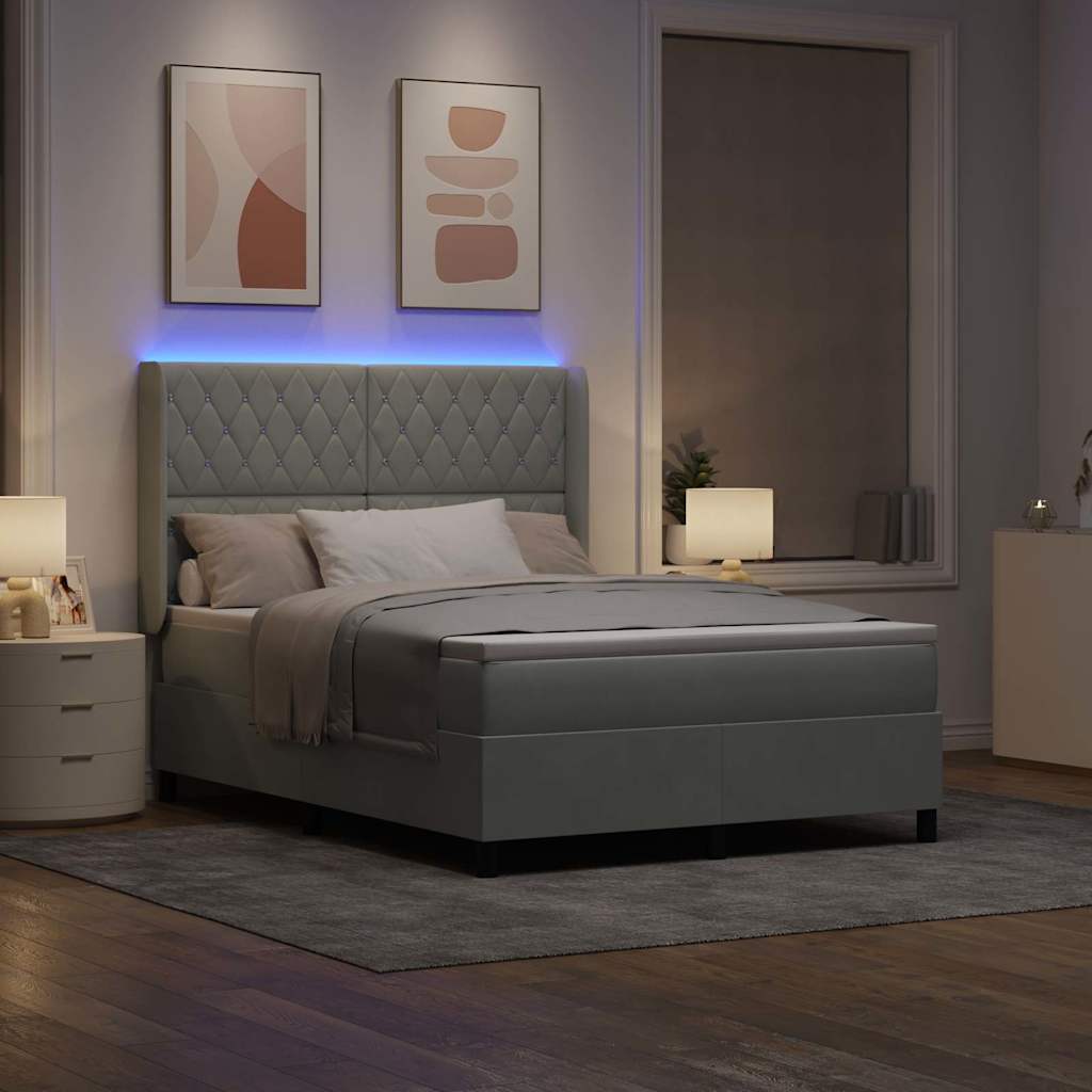 vidaXL Łóżko sprężynowe z paskami LED Jasnoszary 140 x 200 cm Aksamit