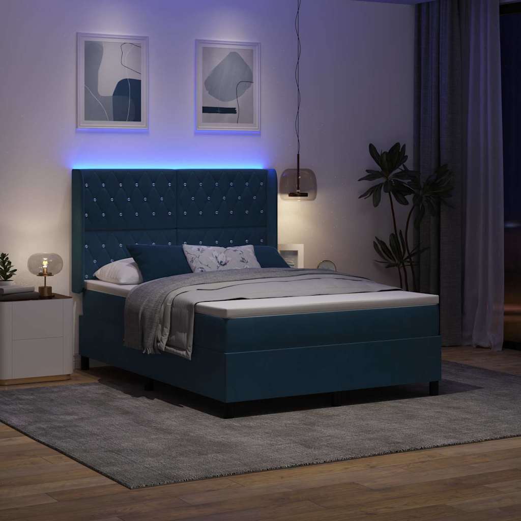 vidaXL Łóżko sprężynowe z paskami LED Niebieski 140 x 200 cm Aksamit