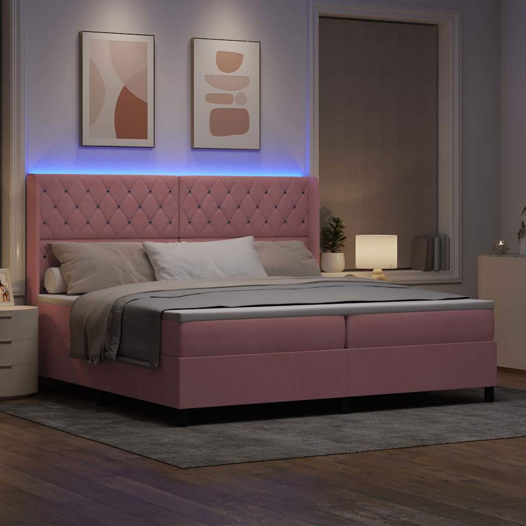 vidaXL Łóżko sprężynowe z materacem z LED Różowy 200 x 200 cm Aksamit