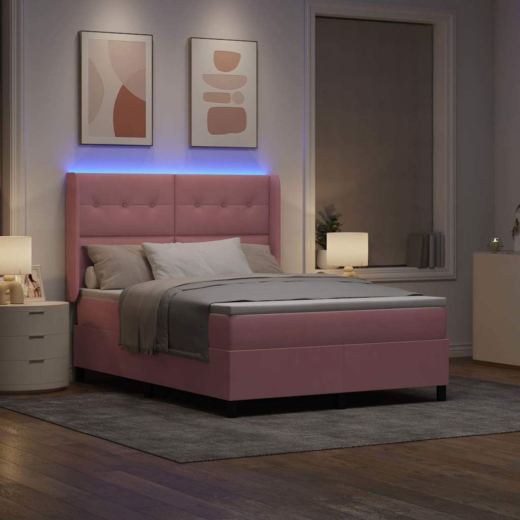 vidaXL Łóżko sprężynowe z paskami LED Różowy 140 x 200 cm Aksamit