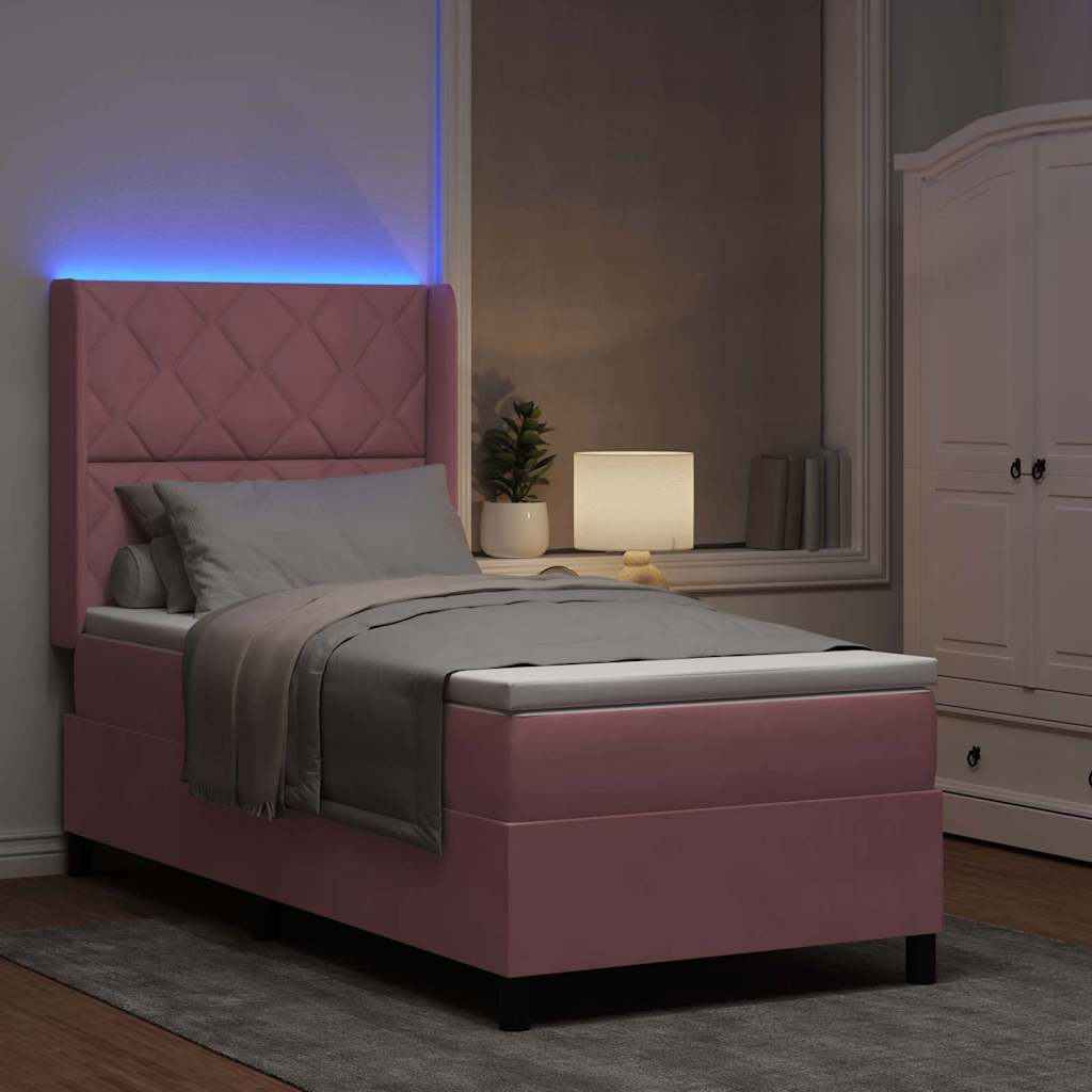 vidaXL Łóżko sprężynowe z paskami LED Różowy 90 x 190 cm Aksamit