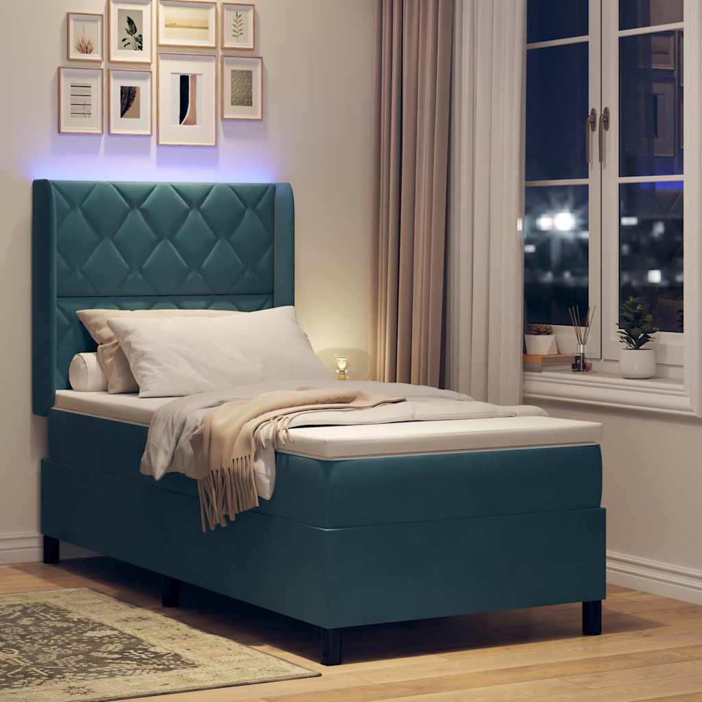 vidaXL Łóżko sprężynowe z paskami LED Niebieski 90 x 200 cm Aksamit