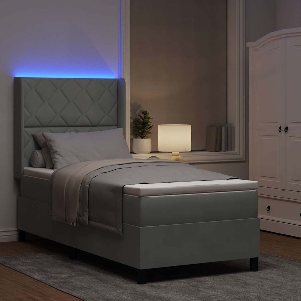 vidaXL Łóżko sprężynowe z paskami LED Jasnoszary 100 x 200 cm Aksamit