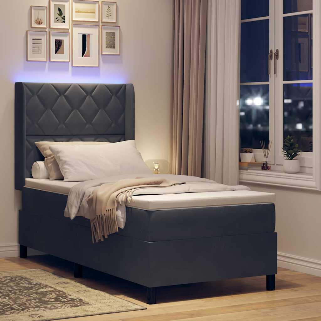 vidaXL Łóżko sprężynowe z paskami LED Ciemnoszary 100 x 200 cm Aksamit