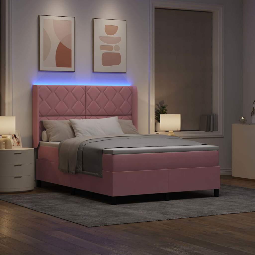 vidaXL Łóżko sprężynowe z paskami LED Różowy 140 x 190 cm Aksamit