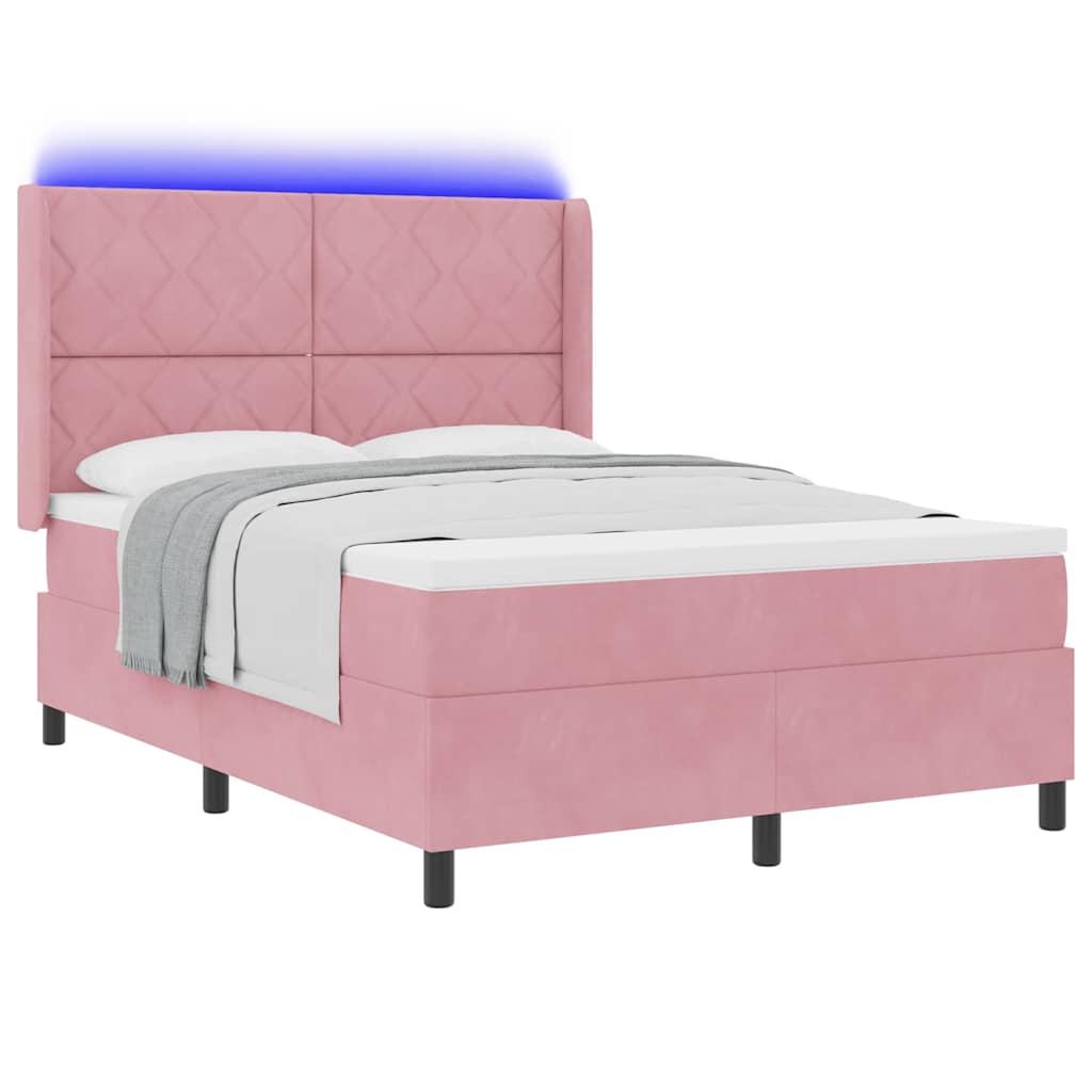 vidaXL Łóżko sprężynowe z paskami LED Różowy 140 x 190 cm Aksamit