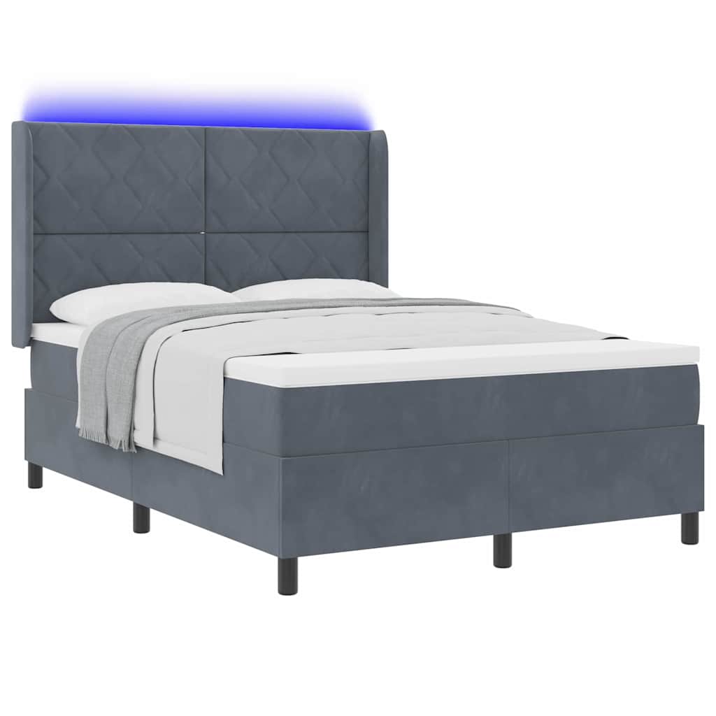vidaXL Łóżko sprężynowe z paskami LED Ciemnoszary 140 x 200 cm Aksamit