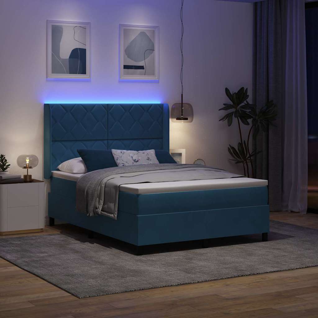 vidaXL Łóżko sprężynowe z paskami LED Niebieski 140 x 200 cm Aksamit