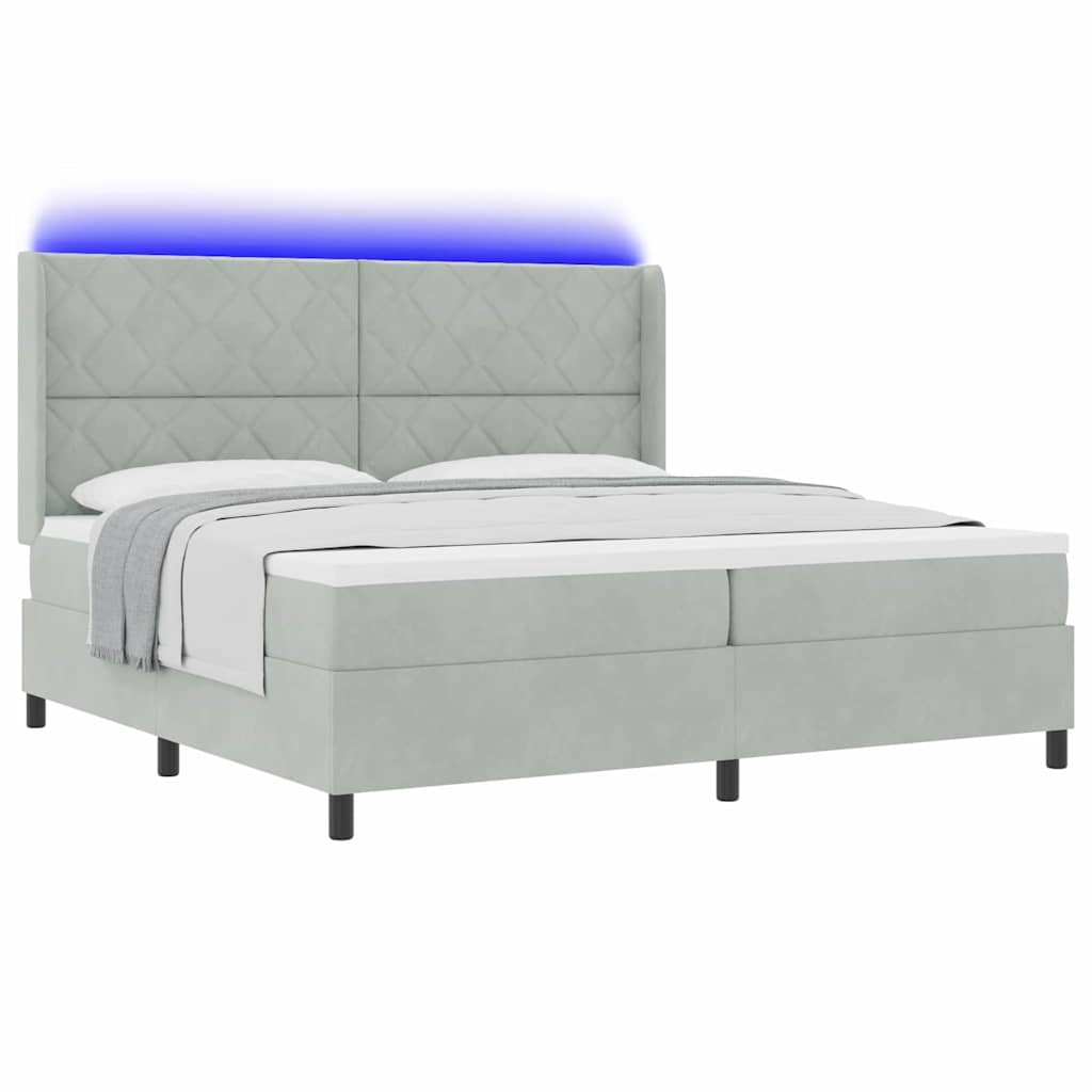 vidaXL Łóżko sprężynowe z paskami LED Jasnoszary 200 x 200 cm Aksamit
