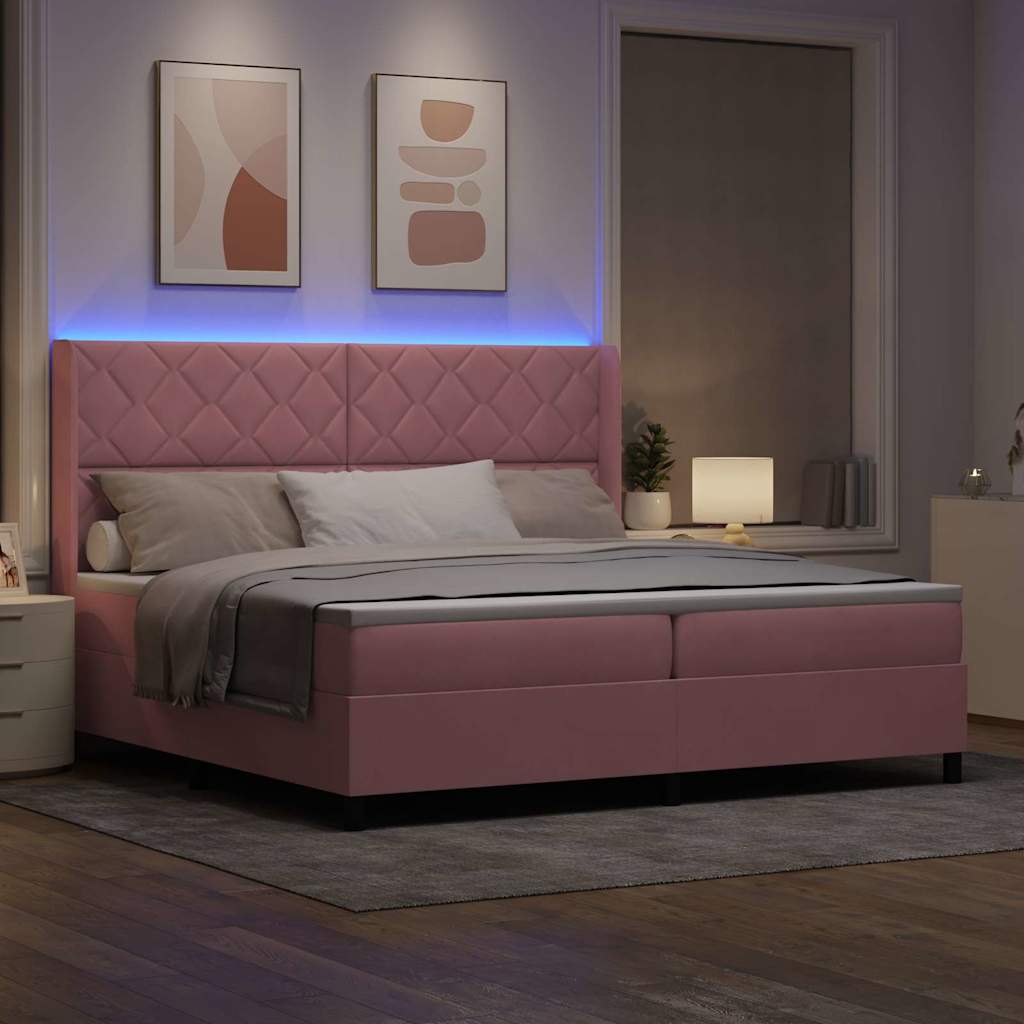 vidaXL Łóżko sprężynowe z paskami LED Różowy 200 x 200 cm Aksamit