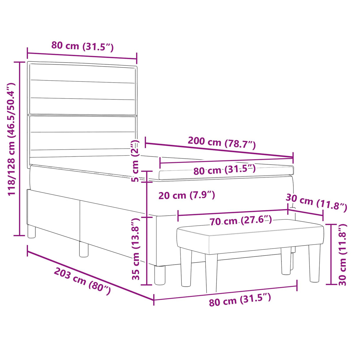vidaXL Łóżko sprężynowe Z zagłówkiem Ciemny brąz 80 x 200 cm tkanina