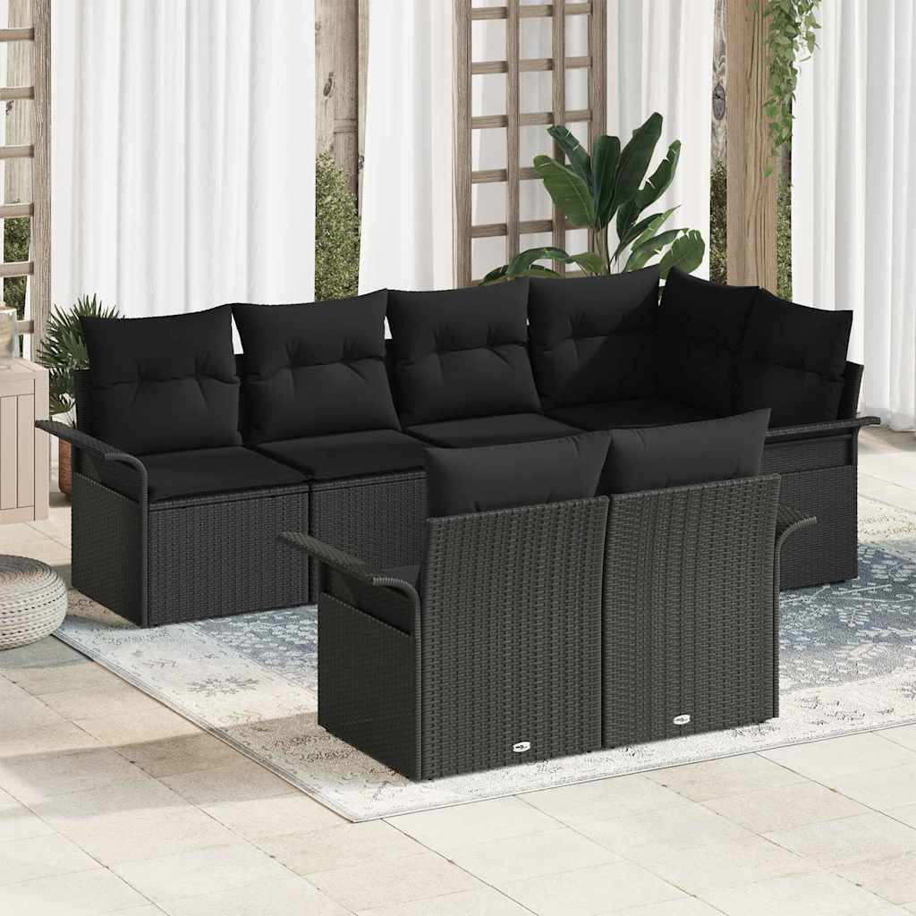 vidaXL Zestaw Sof na Ogród z poduszką 7 pcs Czarny Polirattan