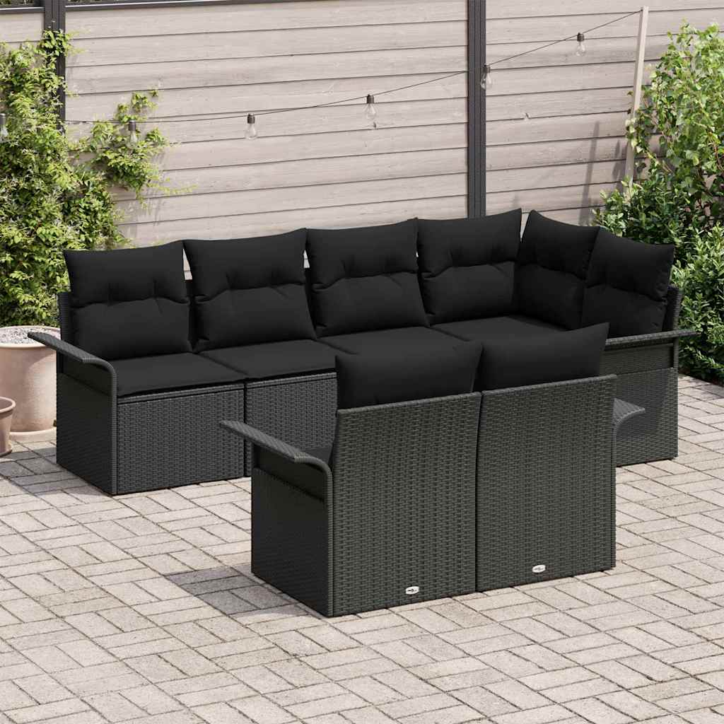 vidaXL Zestaw Sof na Ogród z poduszką 7 pcs Czarny Polirattan