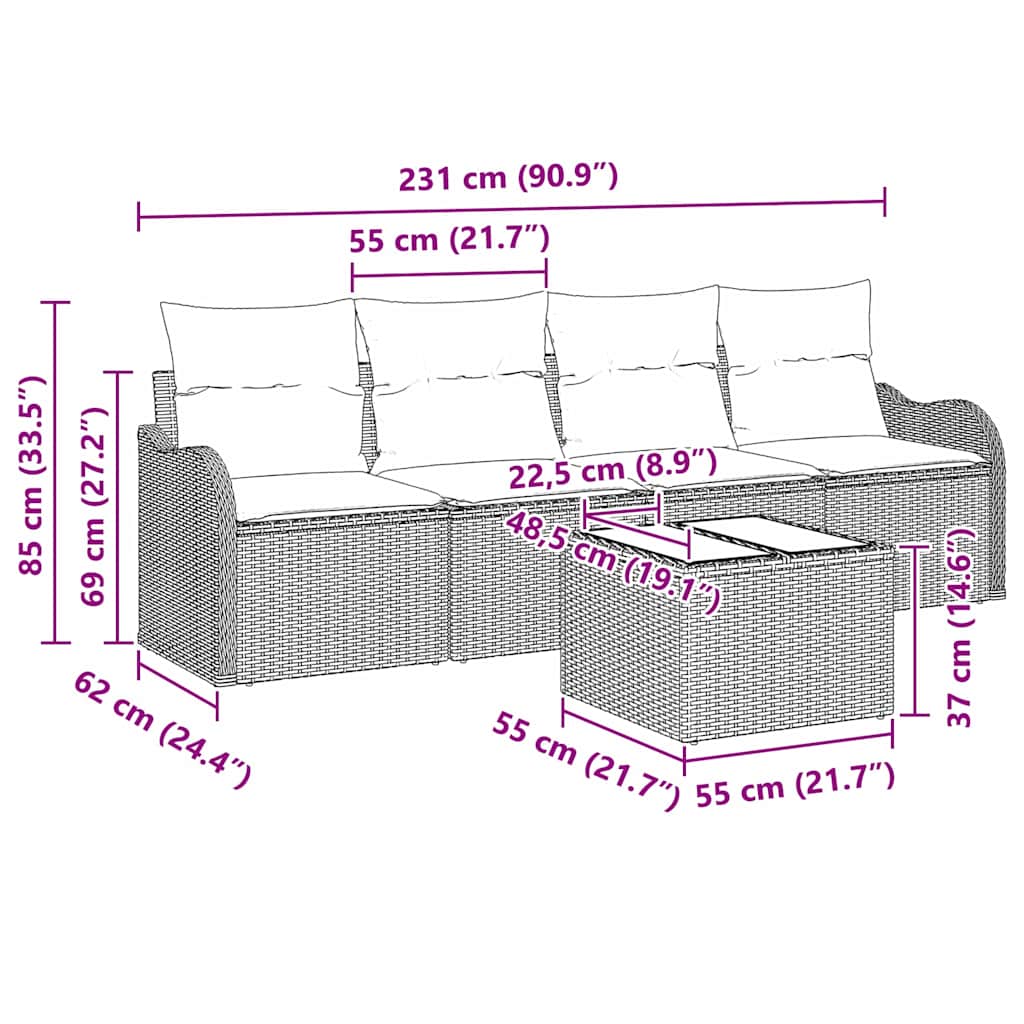 vidaXL Zestaw Sof na Ogród z poduszką z poduszką 5 pcs Beżowy i szary