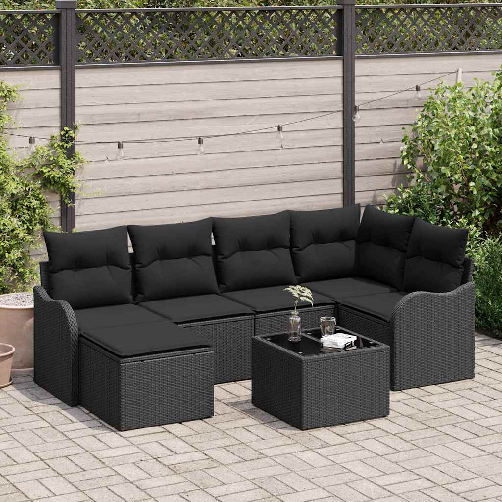 vidaXL Zestaw Sof na Ogród z poduszką 7 pcs Czarny Polirattan
