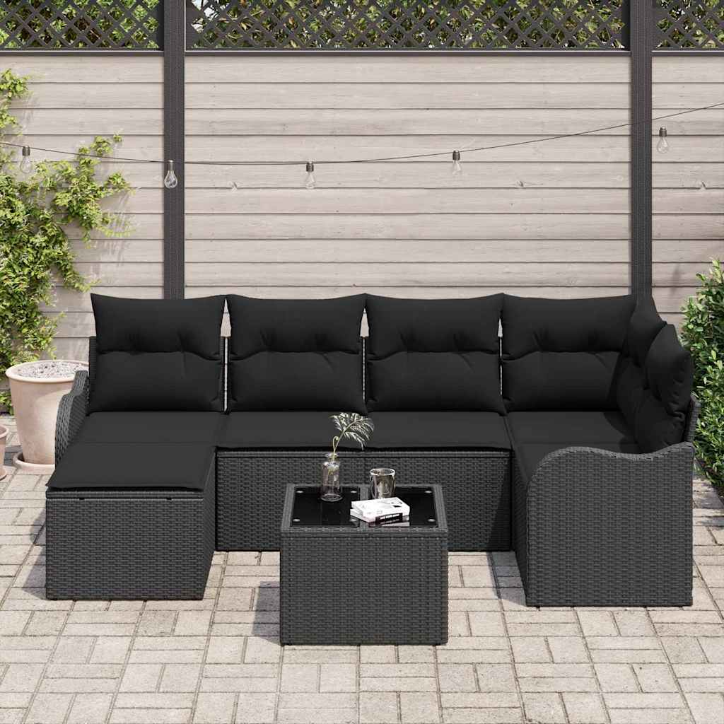 vidaXL Zestaw Sof na Ogród z poduszką 7 pcs Czarny Polirattan