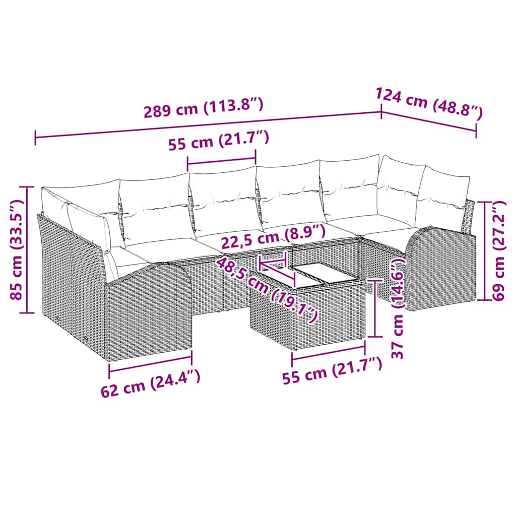 vidaXL Zestaw Sof na Ogród 8 pcs Beżowy i szary 289 x 124 x 69 cm
