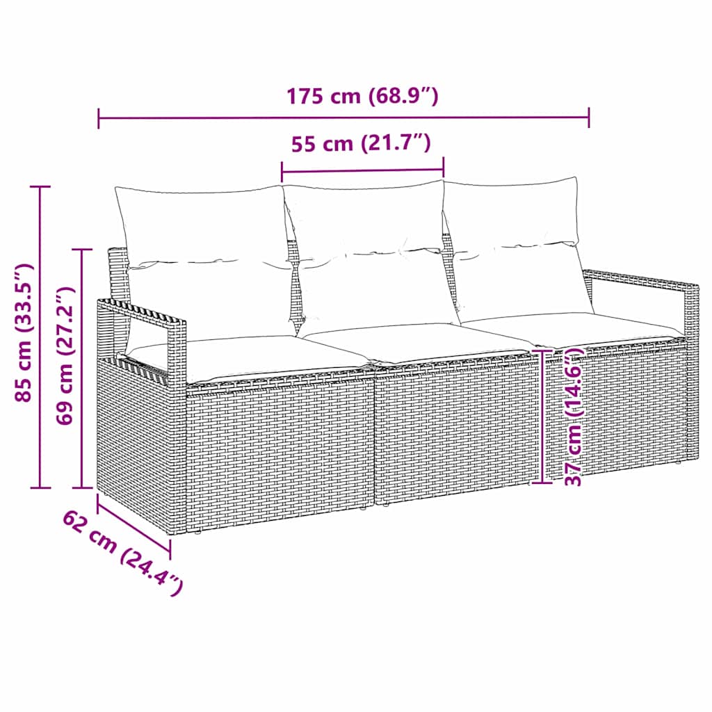 vidaXL Zestaw Sof na Ogród z poduszką 3 pcs Szary polirattan