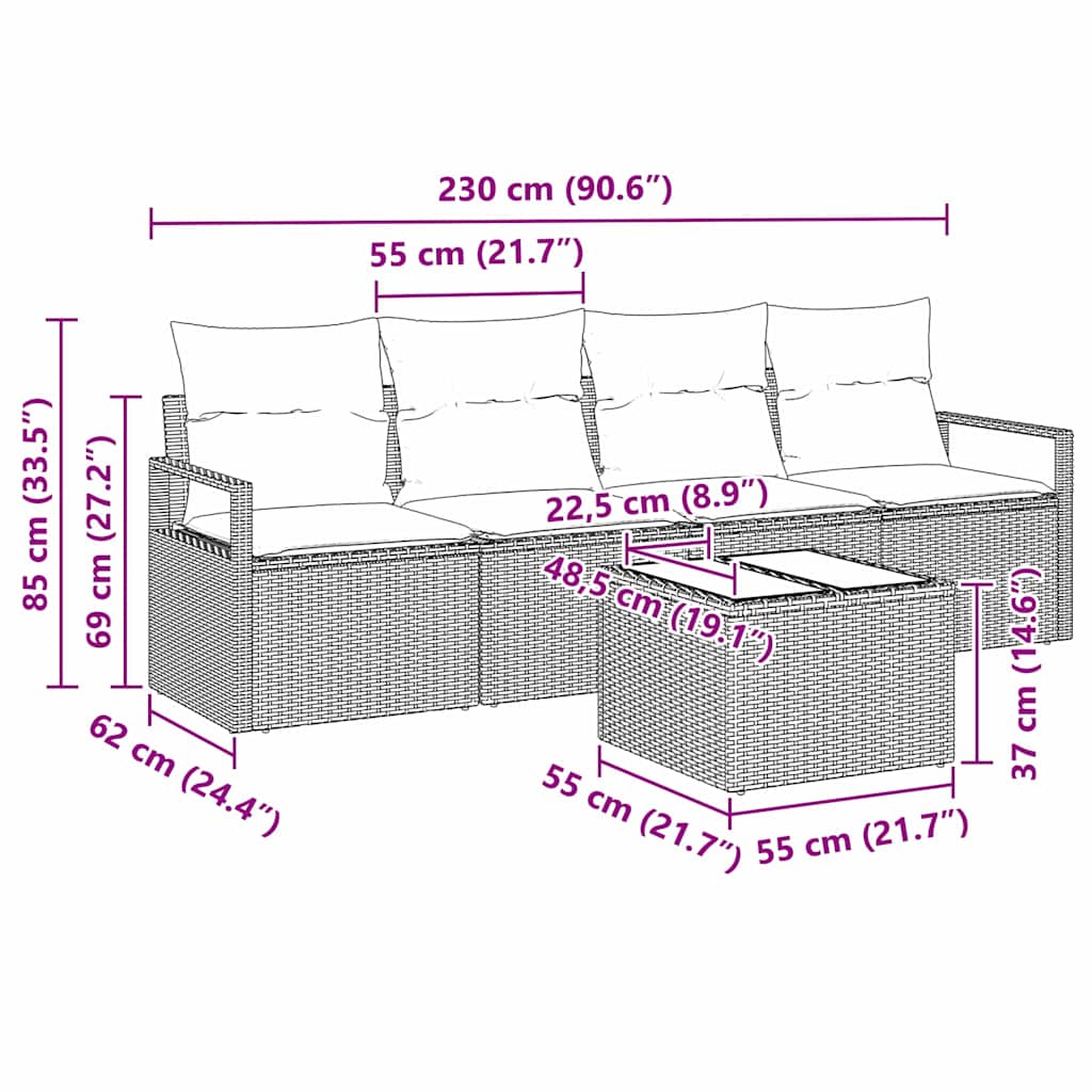 vidaXL Zestaw Sof z poduszką z przechowywaniem 5 pcs Czarny polirattan