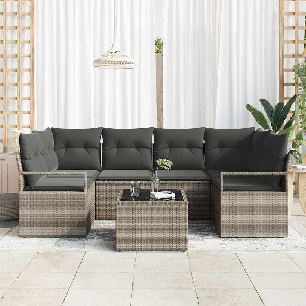vidaXL Zestaw Sof na Ogród 7 pcs Szary Polirattan, stal i szkło