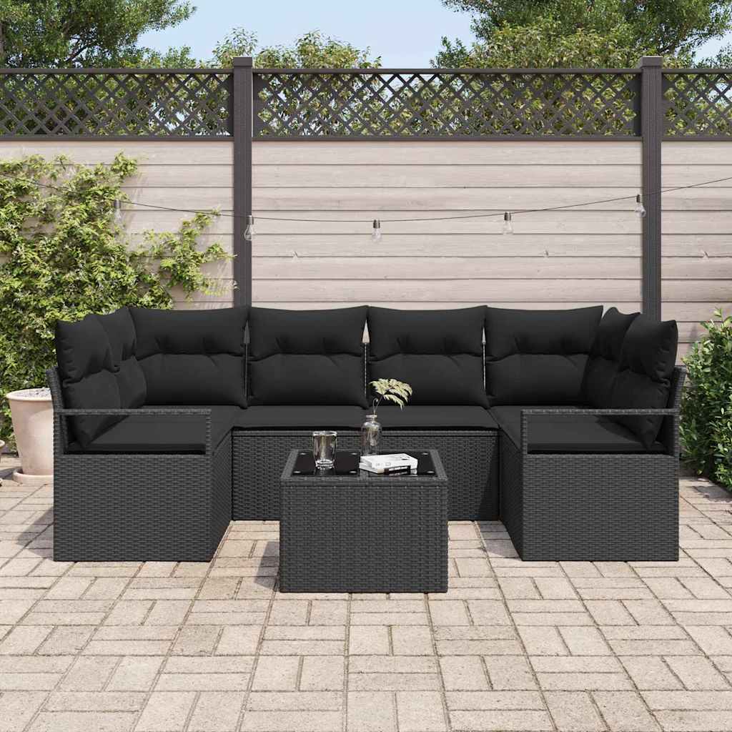 vidaXL Zestaw Sof na Ogród 7 pcs Czarny Polirattan, stal i szkło