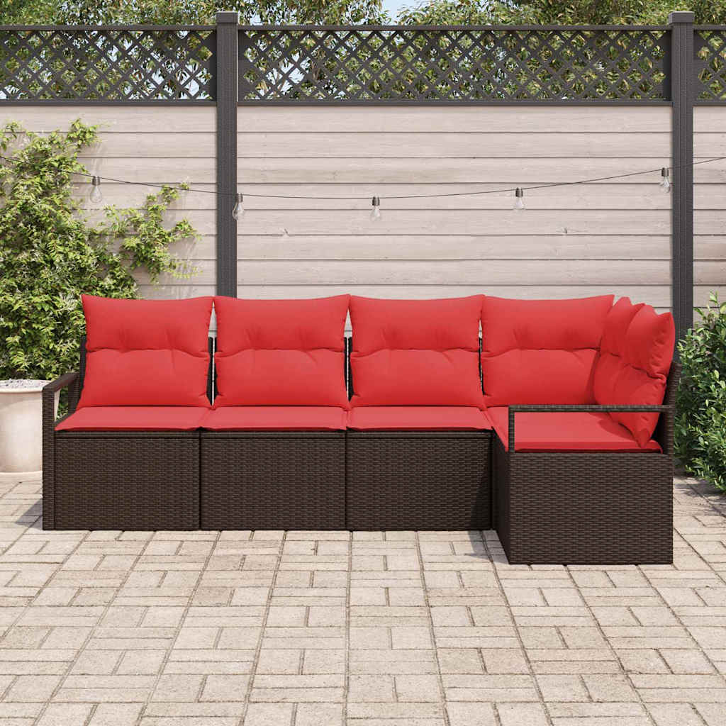 vidaXL Zestaw Sof na Ogród 5 pcs Brązowy i czerwony polirattan