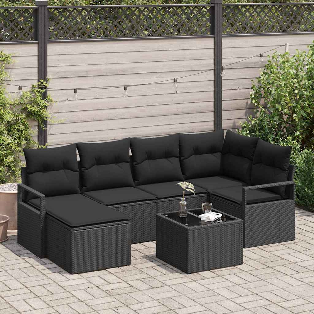 vidaXL Zestaw Sof z poduszką z przechowywaniem 7 pcs Czarny polirattan