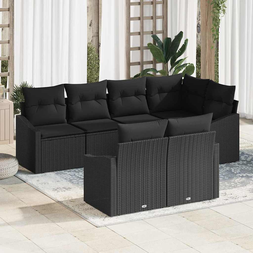 vidaXL Zestaw Sof na Ogród z poduszką 7 pcs Czarny polirattan