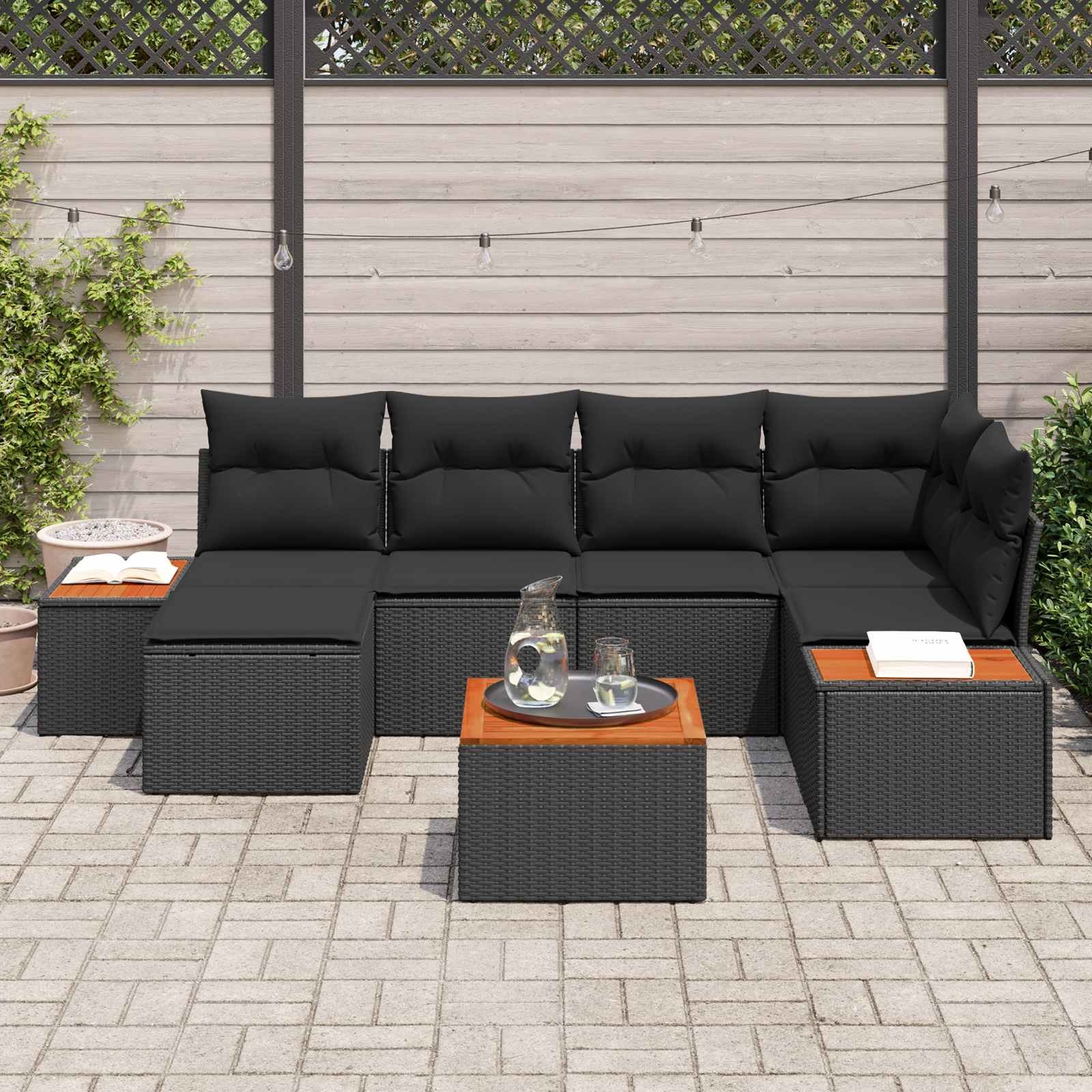 vidaXL Zestaw Sof na Ogród z poduszką 7 pcs Czarny Technorattan