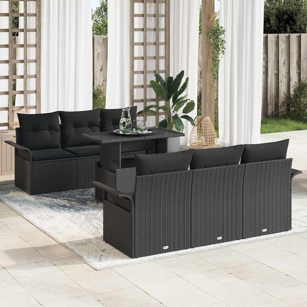 vidaXL Zestaw Sof na Ogród z poduszką 7 pcs Czarny Rattan poli