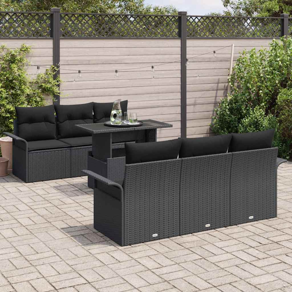 vidaXL Zestaw Sof na Ogród z poduszką 7 pcs Czarny Rattan poli