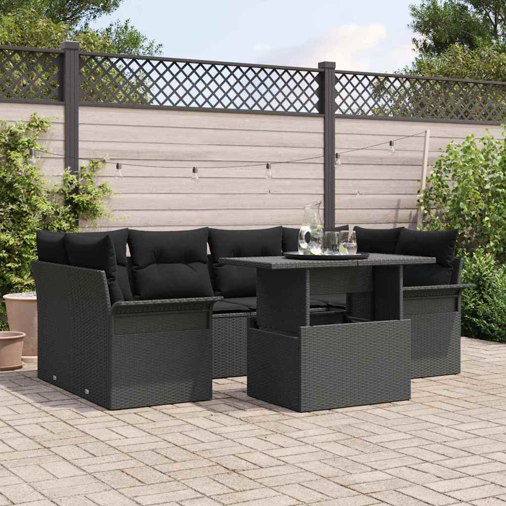 vidaXL Zestaw Sof na Ogród z poduszką 7 pcs Czarny Rattan poli