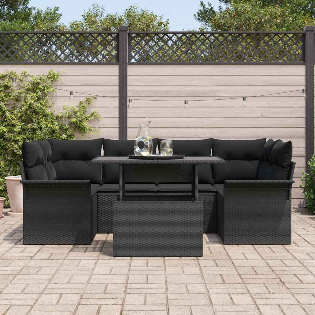 vidaXL Zestaw Sof na Ogród z poduszką 7 pcs Czarny Rattan poli