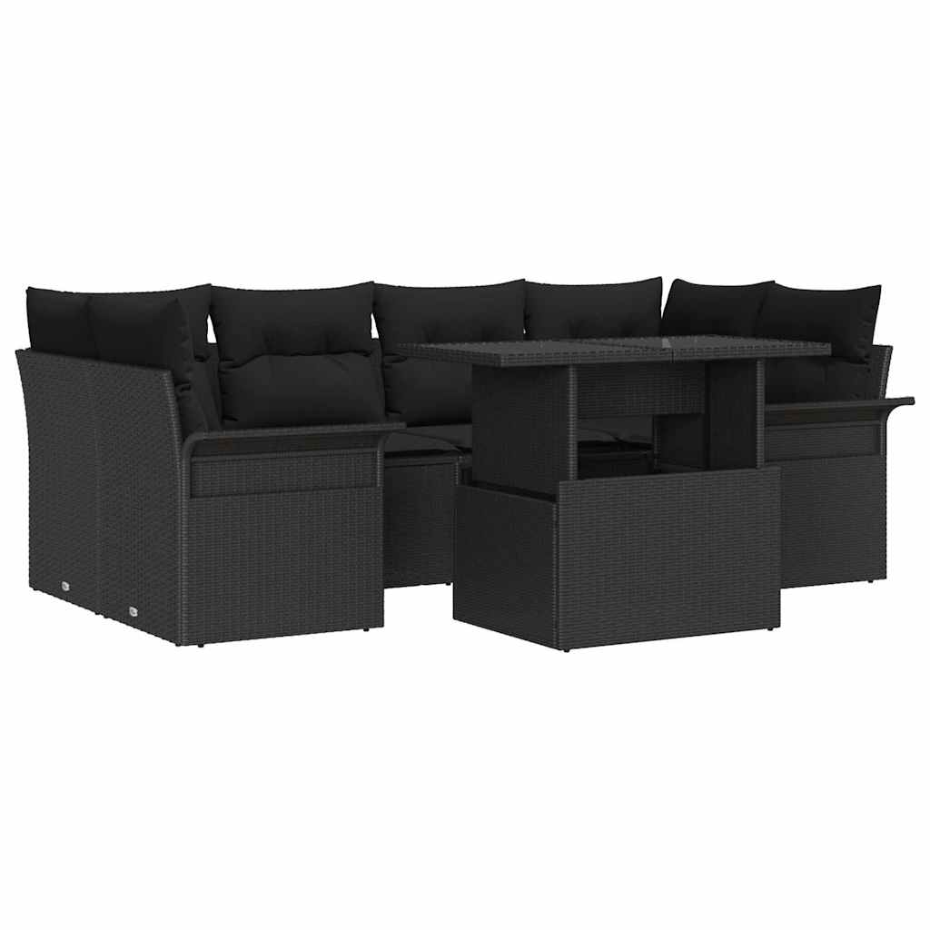 vidaXL Zestaw Sof na Ogród z poduszką 7 pcs Czarny Rattan poli