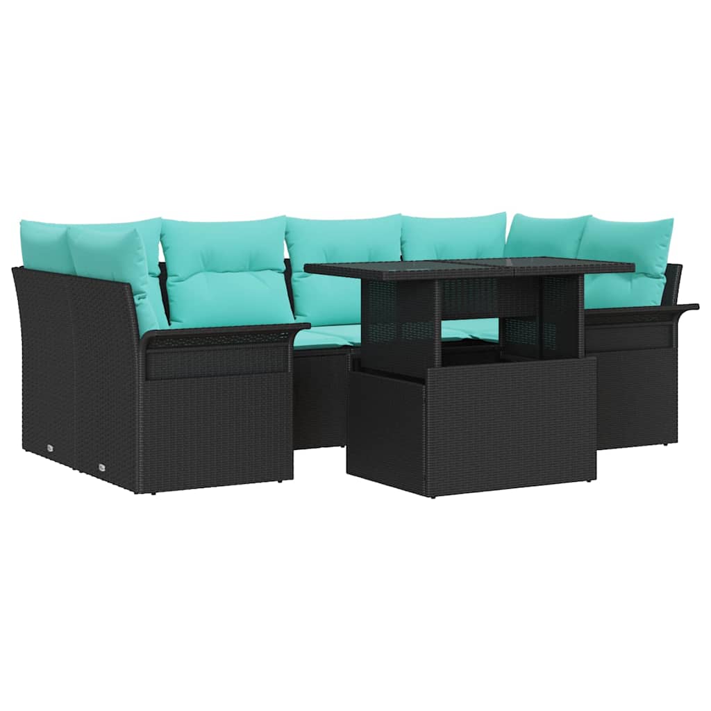vidaXL Zestaw Sof na Ogród z poduszką 7 pcs Czarny Rattan poli