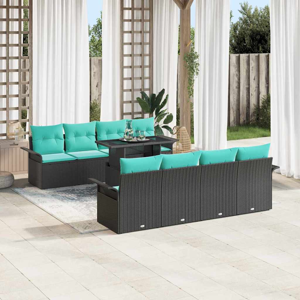 vidaXL Zestaw Sof na Ogród z poduszką 9 pcs Czarny Rattan poli