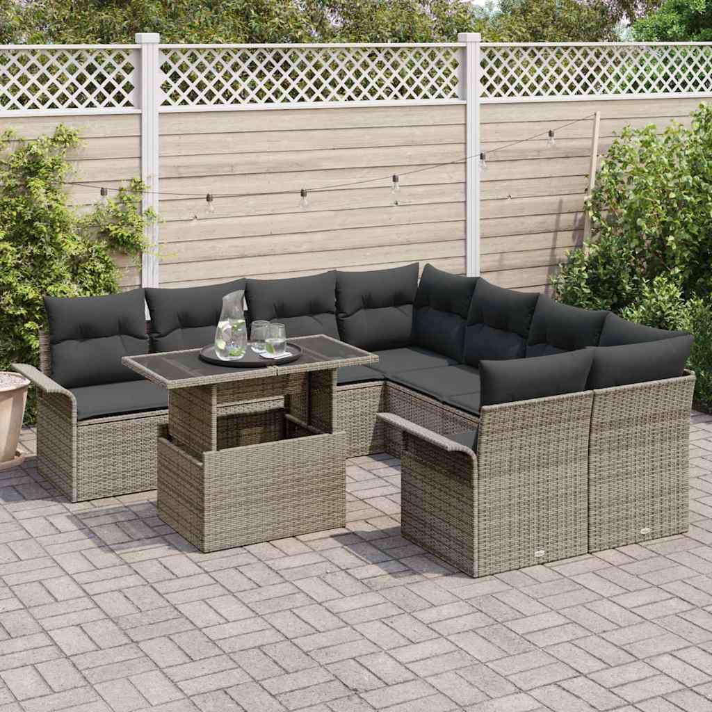 vidaXL Zestaw Sof na Ogród z poduszką 9 pcs Szary Rattan poli