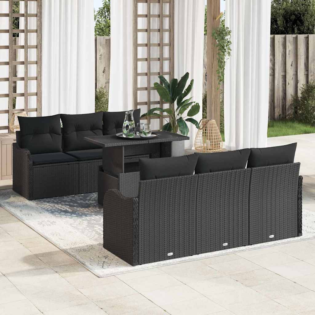 vidaXL Zestaw Sof na Ogród z poduszką 7 pcs Czarny Rattan poli