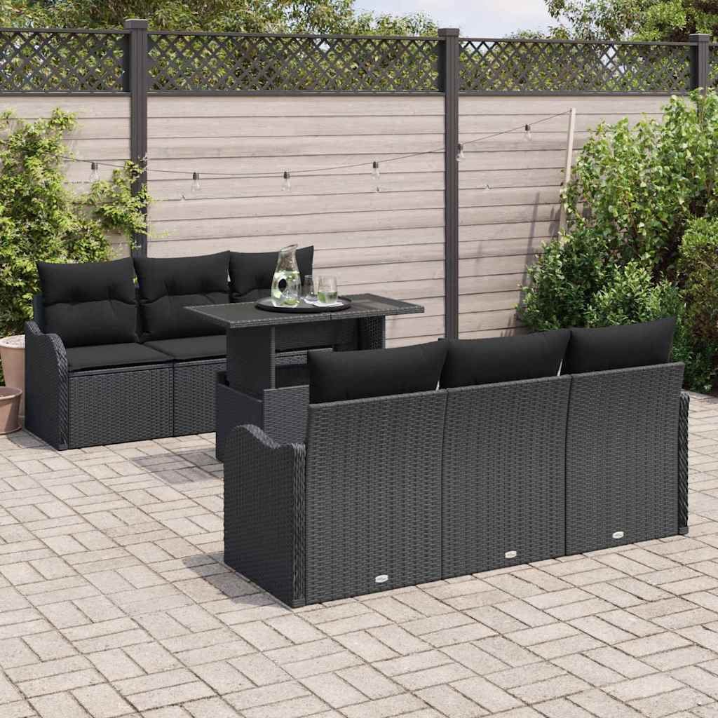 vidaXL Zestaw Sof na Ogród z poduszką 7 pcs Czarny Rattan poli