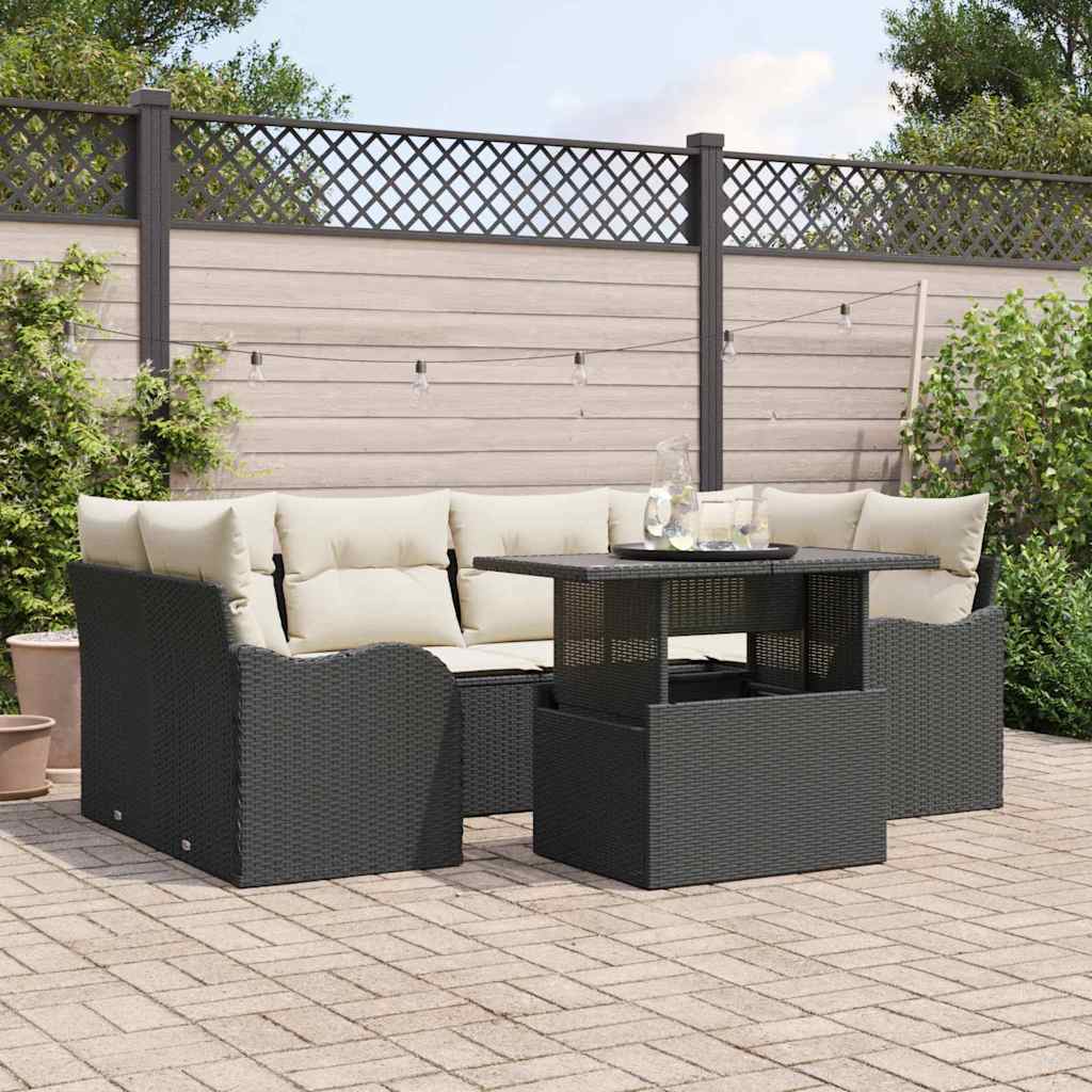 vidaXL Zestaw Sof na Ogród z poduszką 7 pcs Czarny Rattan poli