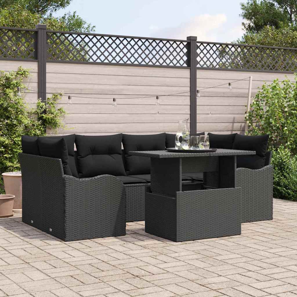 vidaXL Zestaw Sof na Ogród z poduszką 7 pcs Czarny Rattan poli