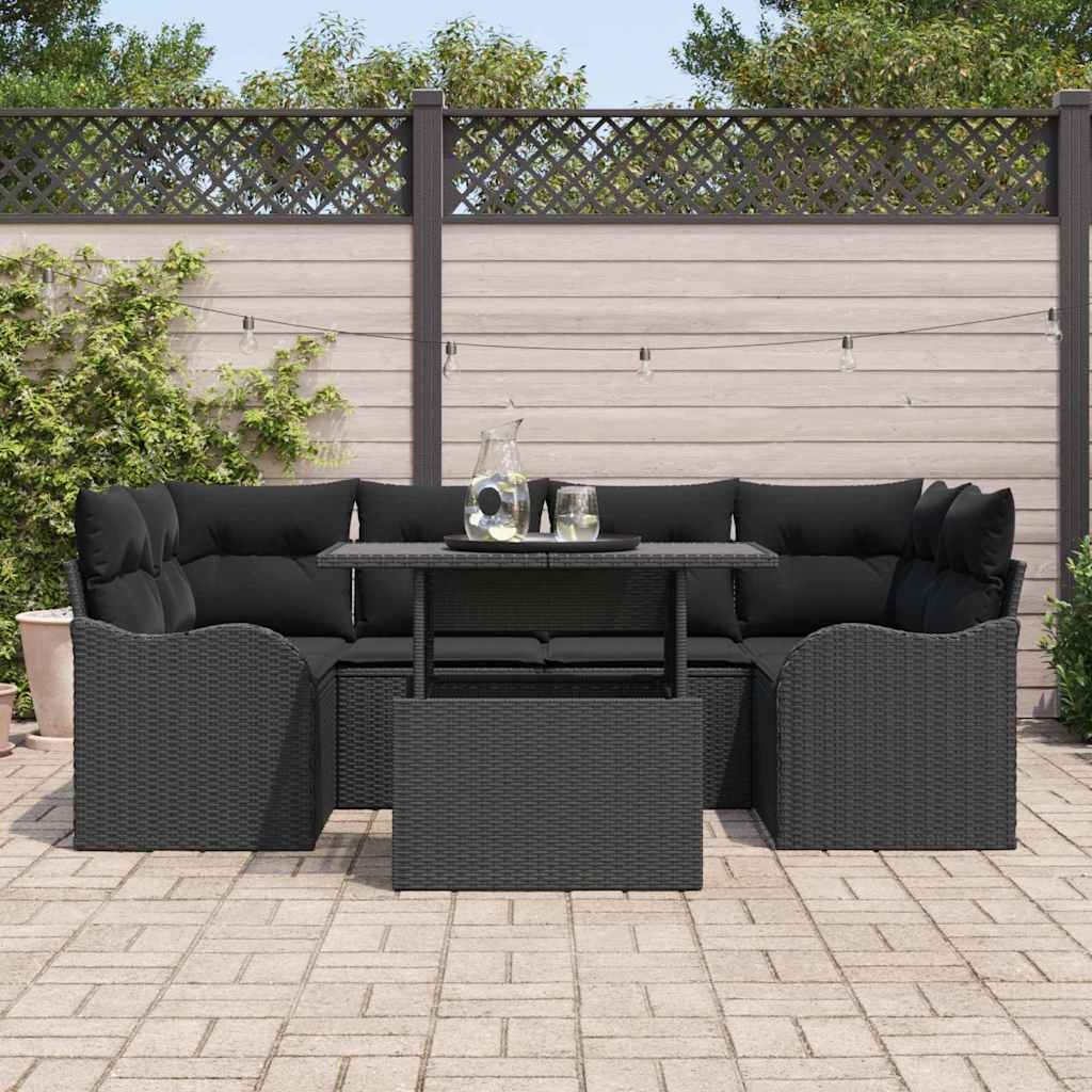 vidaXL Zestaw Sof na Ogród z poduszką 7 pcs Czarny Rattan poli