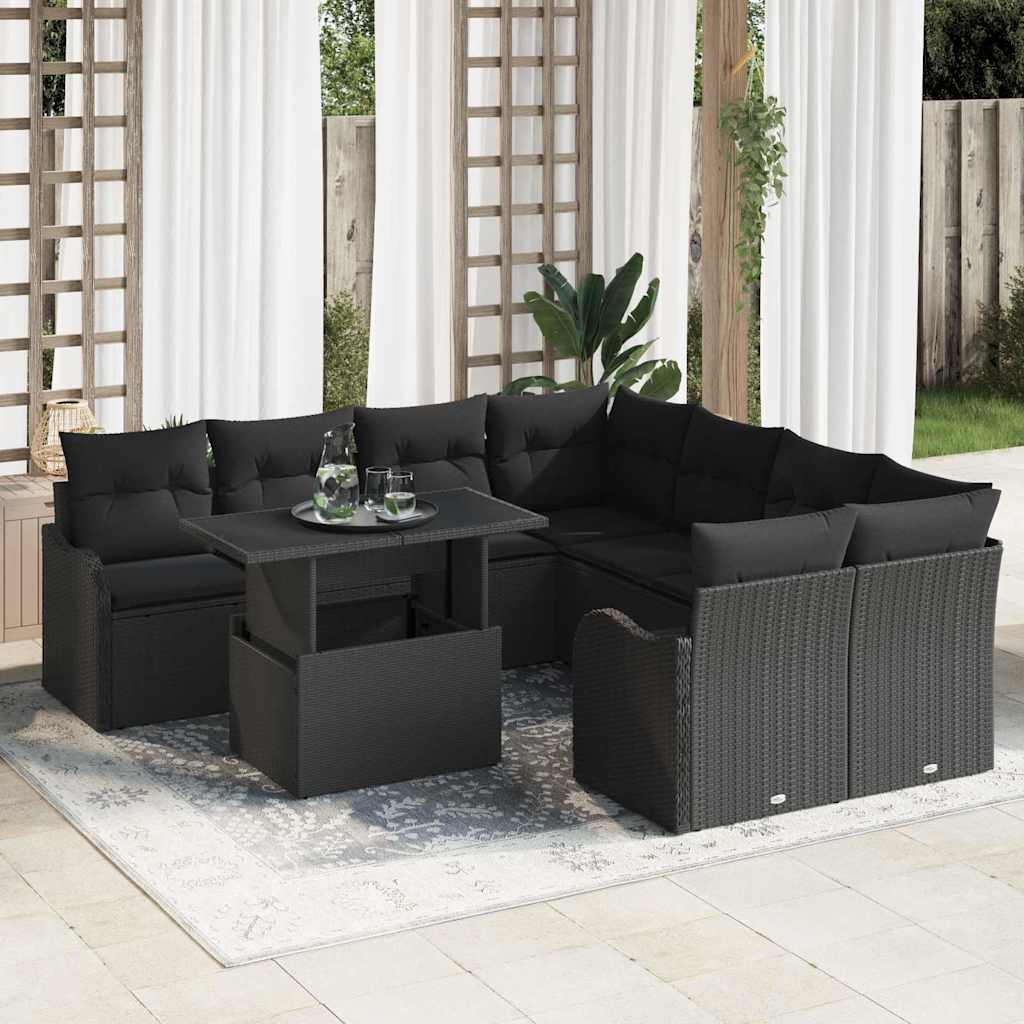 vidaXL Zestaw Sof na Ogród z poduszką 9 pcs Czarny Technorattan