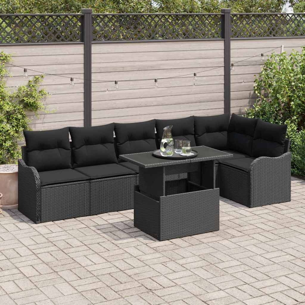vidaXL Zestaw Sof na Ogród z poduszką 7 pcs Czarny Rattan poli