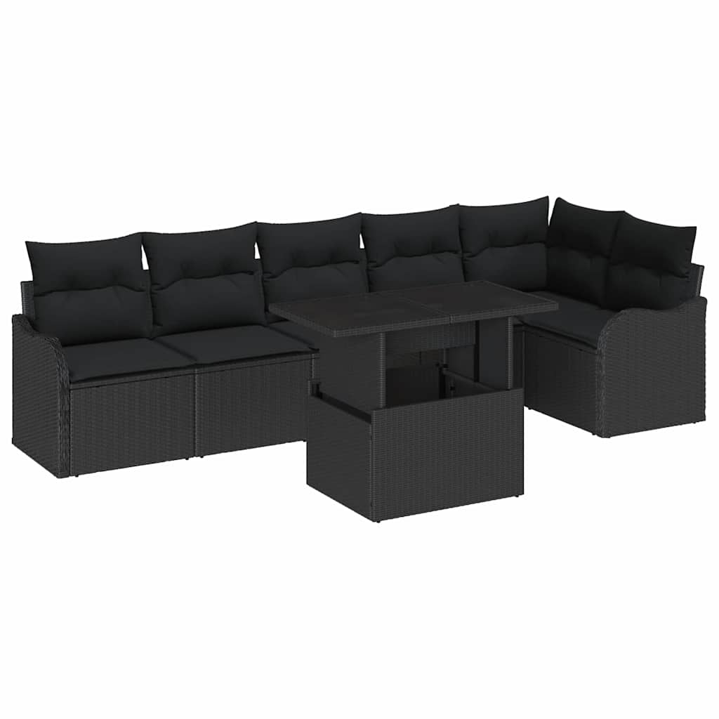 vidaXL Zestaw Sof na Ogród z poduszką 7 pcs Czarny Rattan poli