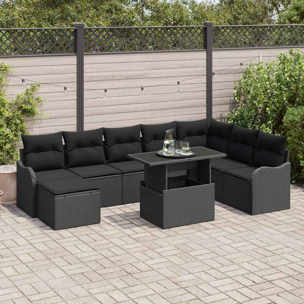 vidaXL Zestaw Sof na Ogród z poduszką 9 pcs Czarny Polirattan
